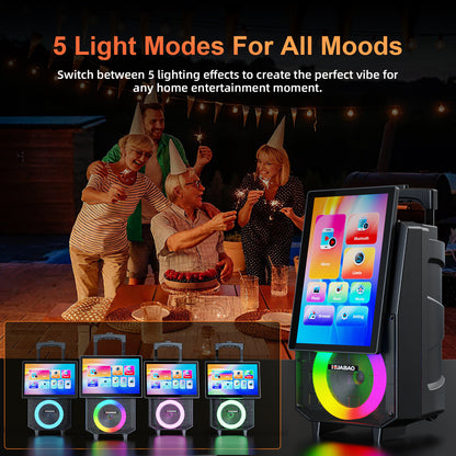 HUABAO A120 Karaoke Machine with 14.1" Rotatable HD Screen & Handle & Wheels, Portable Bluetooth Speaker with Lyrics Display, Wireless Screen Mirroring, 11 Speakers