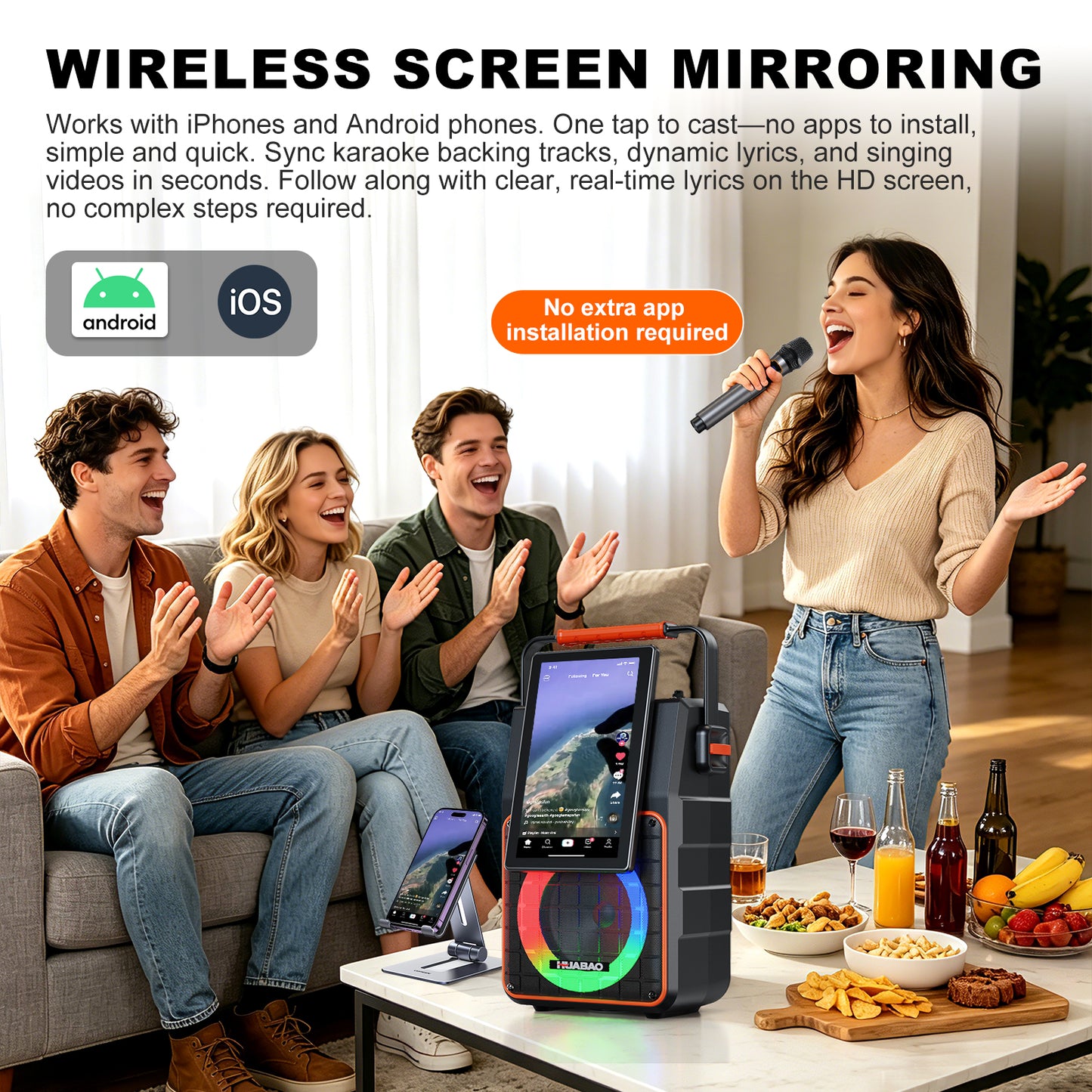 HUABAO A119 Portable Karaoke Machine with 10.1” Rotatable HD Screen, Wireless Screen Mirroring for iOS & Android, Bluetooth Speaker with Lyrics Display