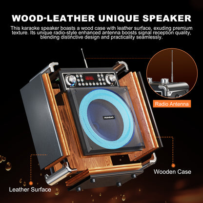 HUABAO A118 Karaoke Machine with 2 Wireless Microphones, Portable Bluetooth Speaker of Adults & Kids, PA System with Remote & Lights, Bass/Treble Control, Support USB/AUX/TF/FM, Party Speaker for Home