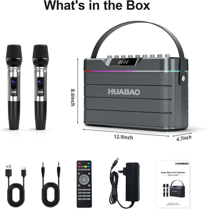 HUABAO 100W Karaoke Machine with 2 Wireless Mics - Bluetooth Speaker with Super Bass, LED Lights, TWS Pairing & Pro Sound Controls for Home and Party Use