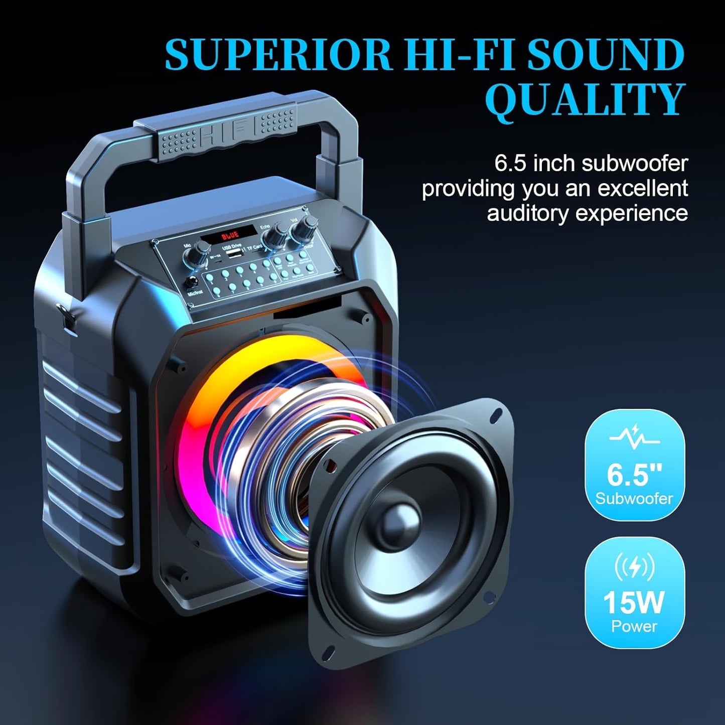 HUABAO Karaoke Machine with 2 Wireless Mics - Portable Bluetooth Speaker with LED Lights, USB/AUX/FM/TF Support for Home Parties, Meetings & Family Entertainment