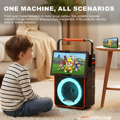 HUABAO A119 Portable Karaoke Machine with 10.1” Rotatable HD Screen, Wireless Screen Mirroring for iOS & Android, Bluetooth Speaker with Lyrics Display