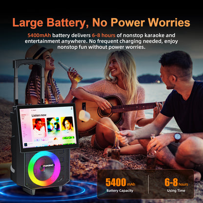 HUABAO A120 Karaoke Machine with 14.1" Rotatable HD Screen & Handle & Wheels, Portable Bluetooth Speaker with Lyrics Display, Wireless Screen Mirroring, 11 Speakers