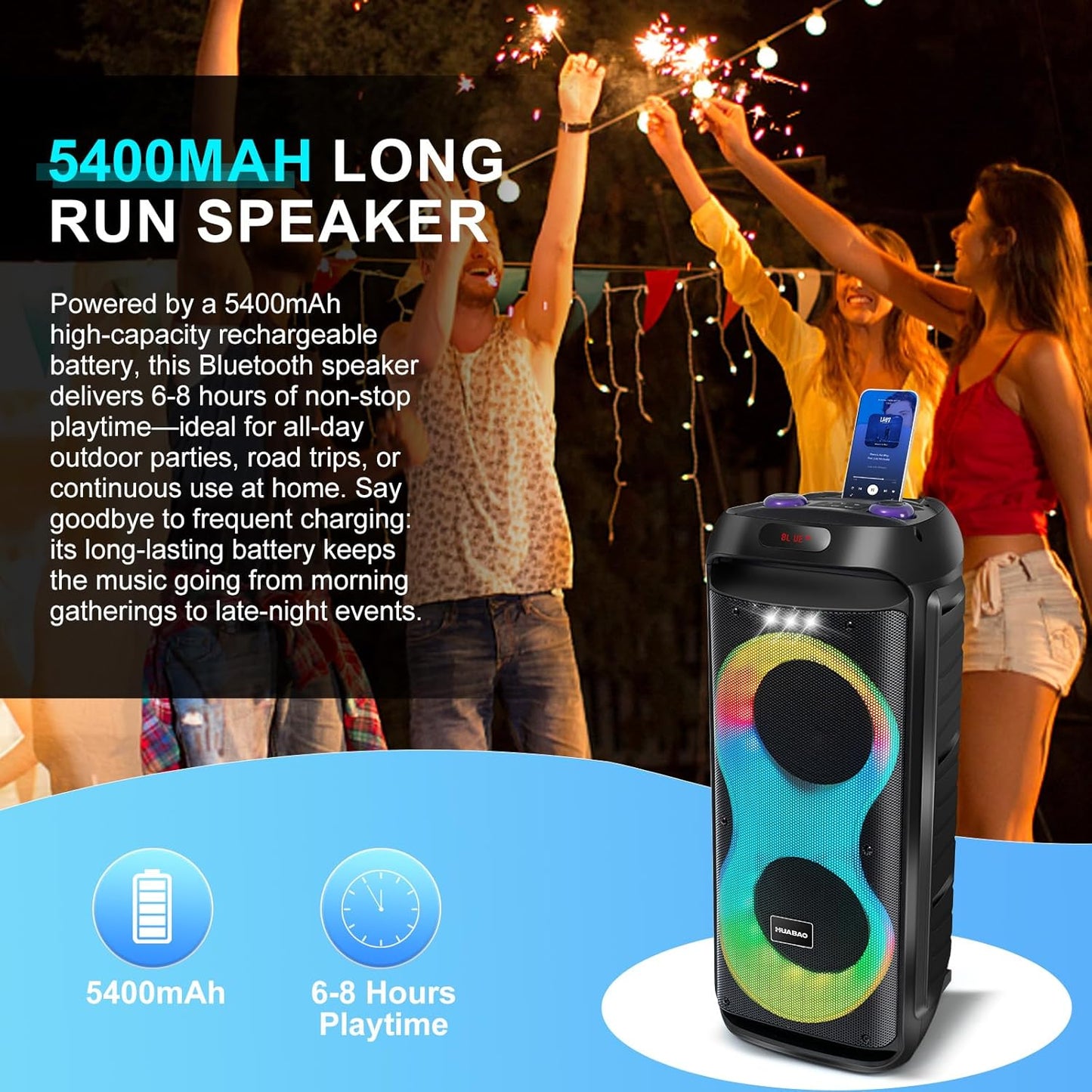HUABAO 40W Karaoke Machine with 2 Wireless Mics - Portable Bluetooth Speaker with LED Lights, Super Bass, TWS Pairing & Rechargeable Battery for Home Party, Outdoor and Travel