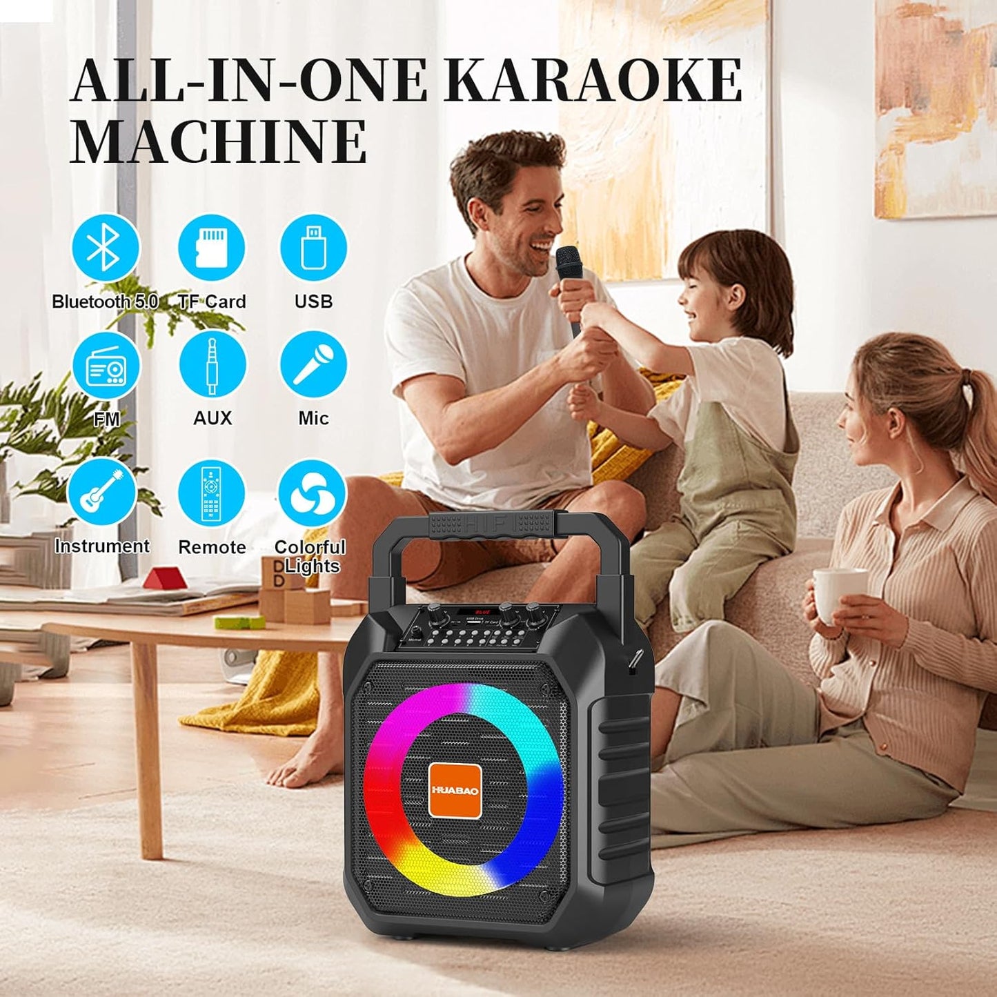 HUABAO Karaoke Machine with 2 Wireless Mics - Portable Bluetooth Speaker with LED Lights, USB/AUX/FM/TF Support for Home Parties, Meetings & Family Entertainment