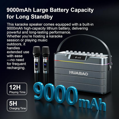 HUABAO 100W Karaoke Machine with 2 Wireless Mics - Bluetooth Speaker with Super Bass, LED Lights, TWS Pairing & Pro Sound Controls for Home and Party Use