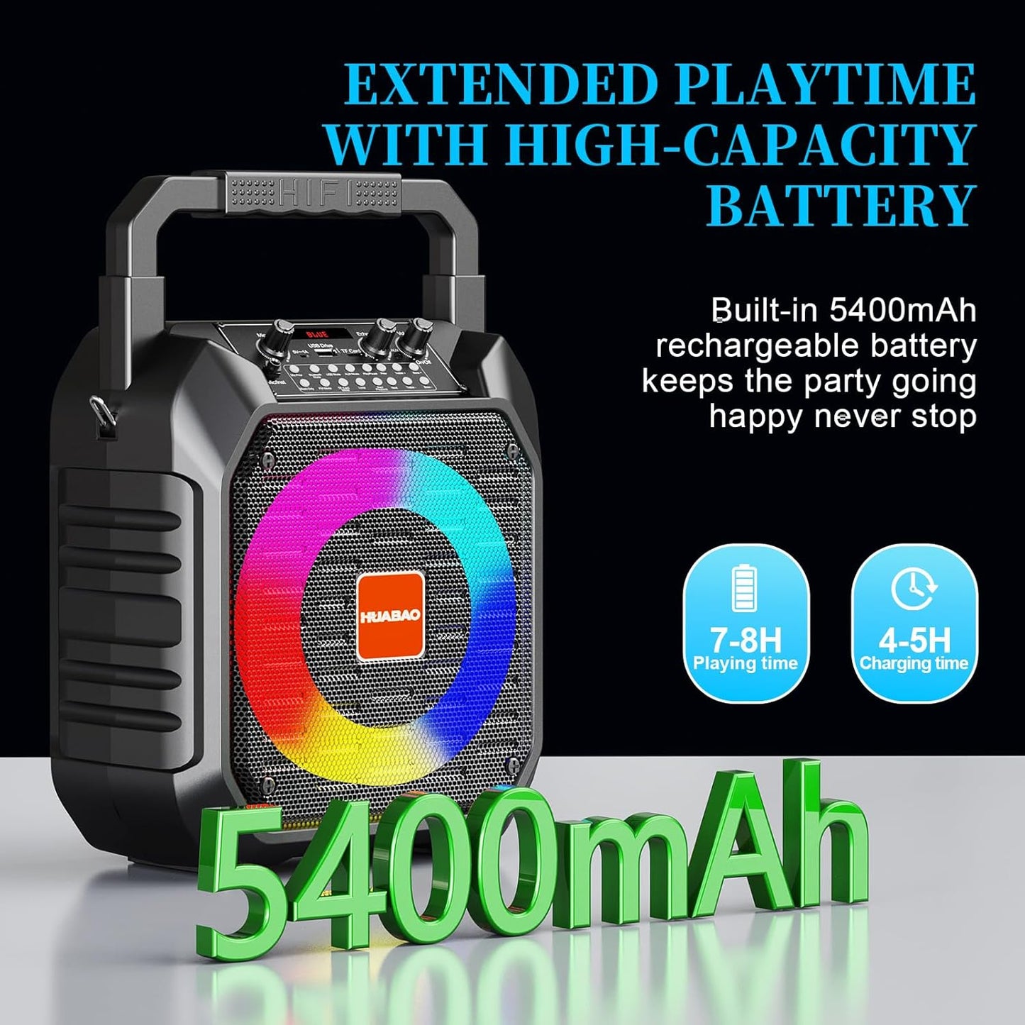 HUABAO Karaoke Machine with 2 Wireless Mics - Portable Bluetooth Speaker with LED Lights, USB/AUX/FM/TF Support for Home Parties, Meetings & Family Entertainment
