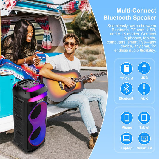 HUABAO 40W Karaoke Machine with 2 Wireless Mics - Portable Bluetooth Speaker with LED Lights, Super Bass, TWS Pairing & Rechargeable Battery for Home Party, Outdoor and Travel