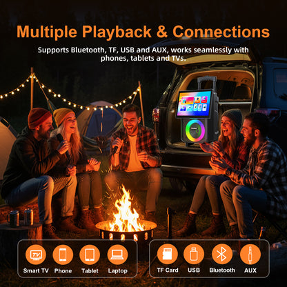 HUABAO A120 Karaoke Machine with 14.1" Rotatable HD Screen & Handle & Wheels, Portable Bluetooth Speaker with Lyrics Display, Wireless Screen Mirroring, 11 Speakers