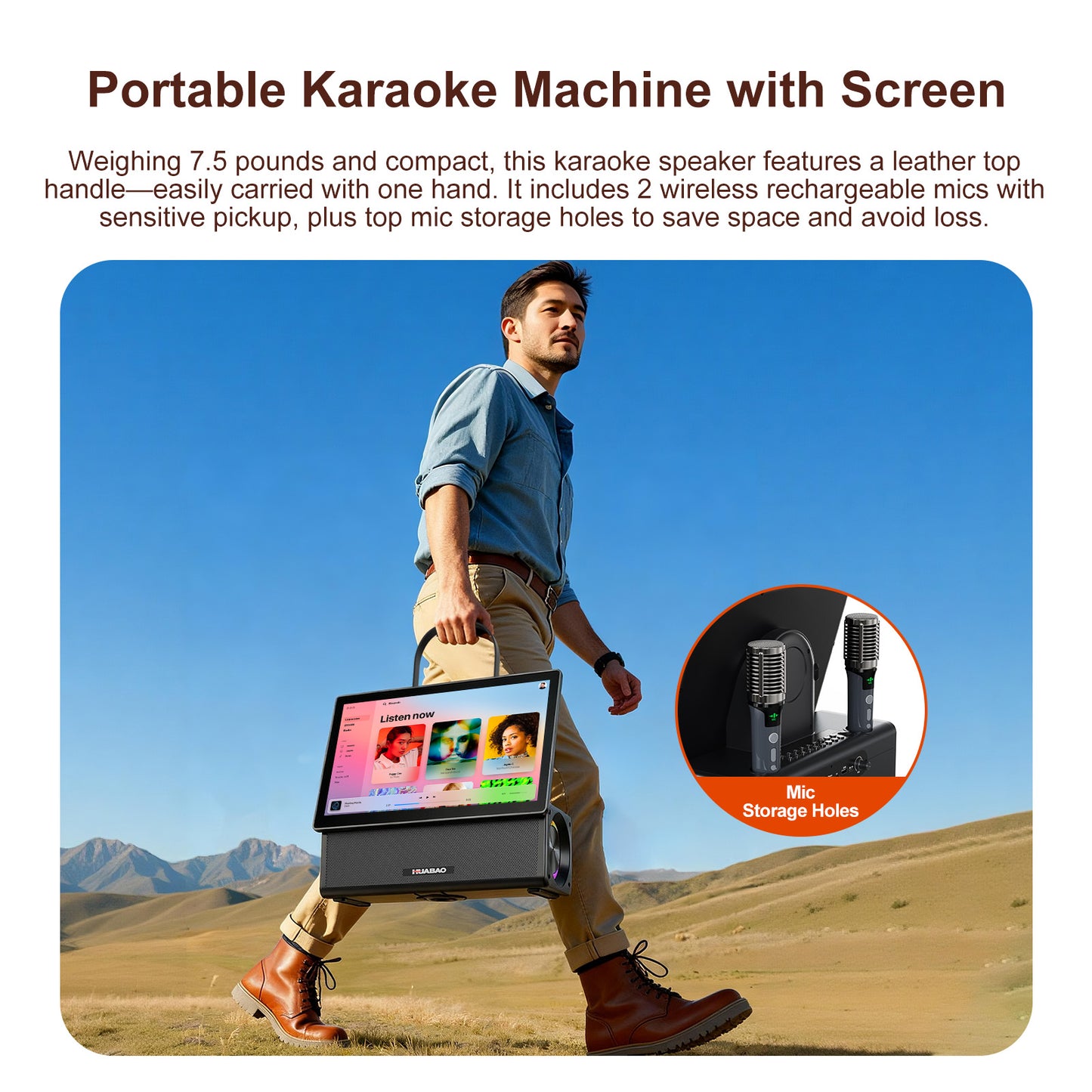 HUABAO A109 Portable Karaoke Machine with 14.1” HD Rotatable Screen, Wireless Screen Mirroring for Android & iOS, Bluetooth Party Speaker with Lyrics Display & Lights, PA System with 2 Wireless Microphones