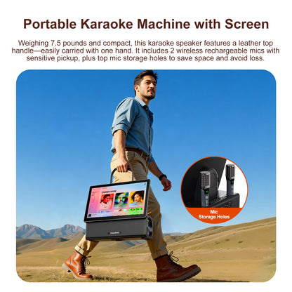HUABAO A109 Portable Karaoke Machine with 14.1” HD Rotatable Screen, Wireless Screen Mirroring for Android & iOS, Bluetooth Party Speaker with Lyrics Display & Lights, PA System with 2 Wireless Microphones