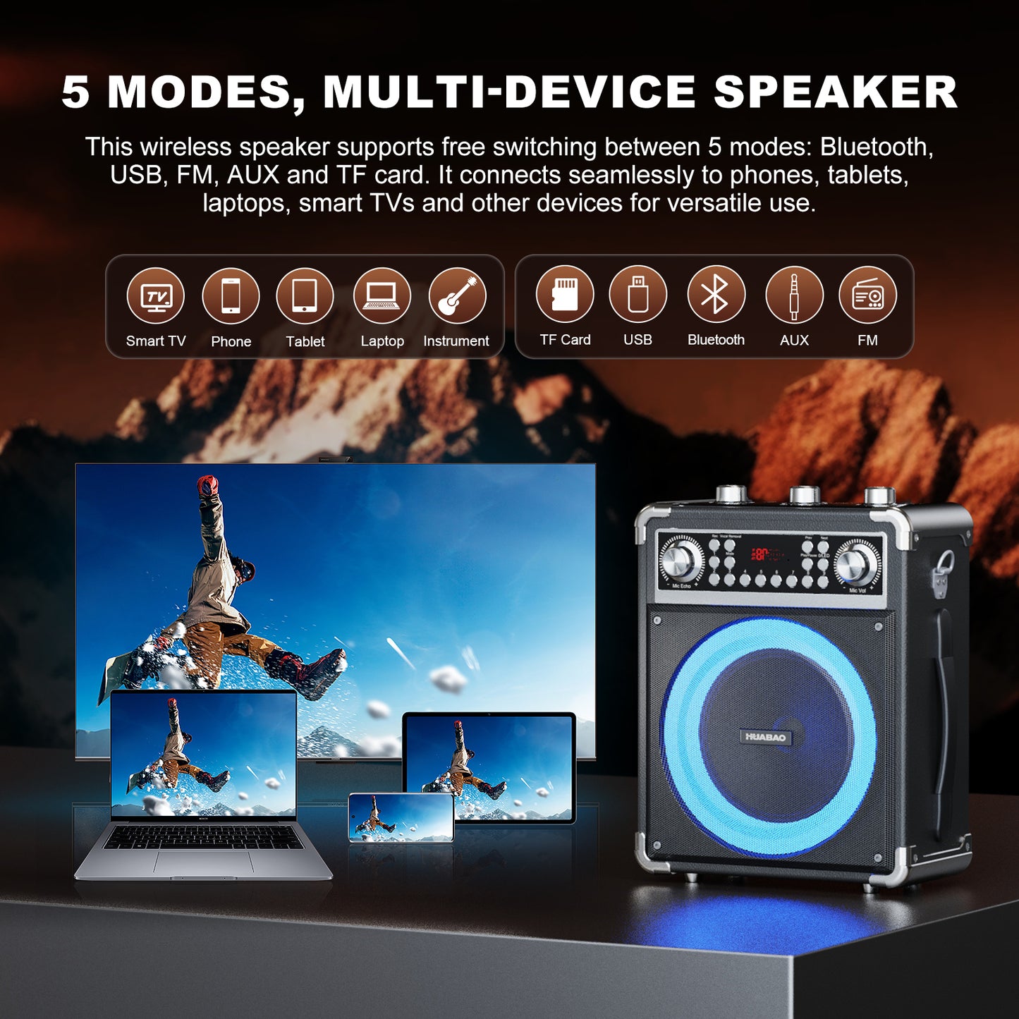 HUABAO A118 Karaoke Machine with 2 Wireless Microphones, Portable Bluetooth Speaker of Adults & Kids, PA System with Remote & Lights, Bass/Treble Control, Support USB/AUX/TF/FM, Party Speaker for Home