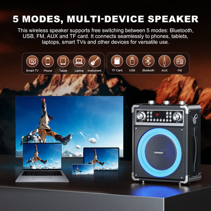 HUABAO A118 Karaoke Machine with 2 Wireless Microphones, Portable Bluetooth Speaker of Adults & Kids, PA System with Remote & Lights, Bass/Treble Control, Support USB/AUX/TF/FM, Party Speaker for Home