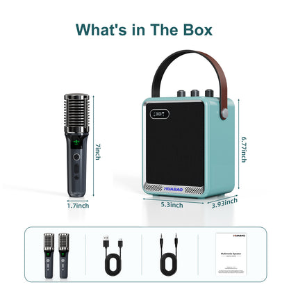 HUABAO A121 Karaoke Machine with 2 Wireless Microphones, Portable Bluetooth Speaker with Mic, Compact Party Speaker with LED Lights, 30W Sound, 5400mAh Long Battery Life, AUX/USB/TF for Home & Outdoor