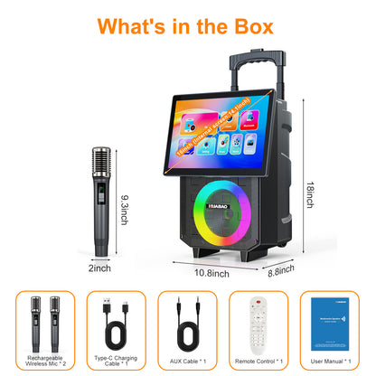 HUABAO A120 Karaoke Machine with 14.1" Rotatable HD Screen & Handle & Wheels, Portable Bluetooth Speaker with Lyrics Display, Wireless Screen Mirroring, 11 Speakers