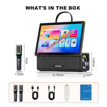 HUABAO A109 Portable Karaoke Machine with 14.1” HD Rotatable Screen, Wireless Screen Mirroring for Android & iOS, Bluetooth Party Speaker with Lyrics Display & Lights, PA System with 2 Wireless Microphones