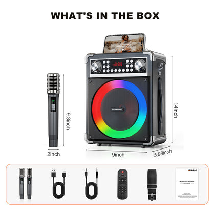 HUABAO A118 Karaoke Machine with 2 Wireless Microphones, Portable Bluetooth Speaker of Adults & Kids, PA System with Remote & Lights, Bass/Treble Control, Support USB/AUX/TF/FM, Party Speaker for Home