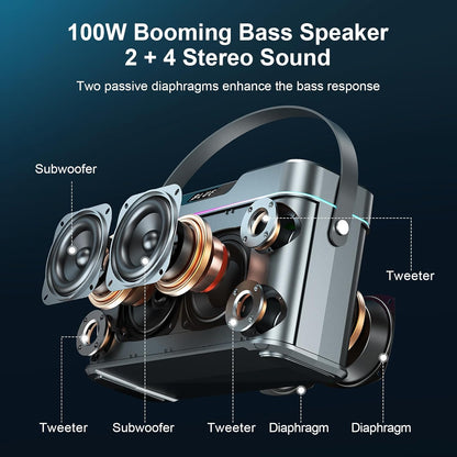 HUABAO 100W Karaoke Machine with 2 Wireless Mics - Bluetooth Speaker with Super Bass, LED Lights, TWS Pairing & Pro Sound Controls for Home and Party Use