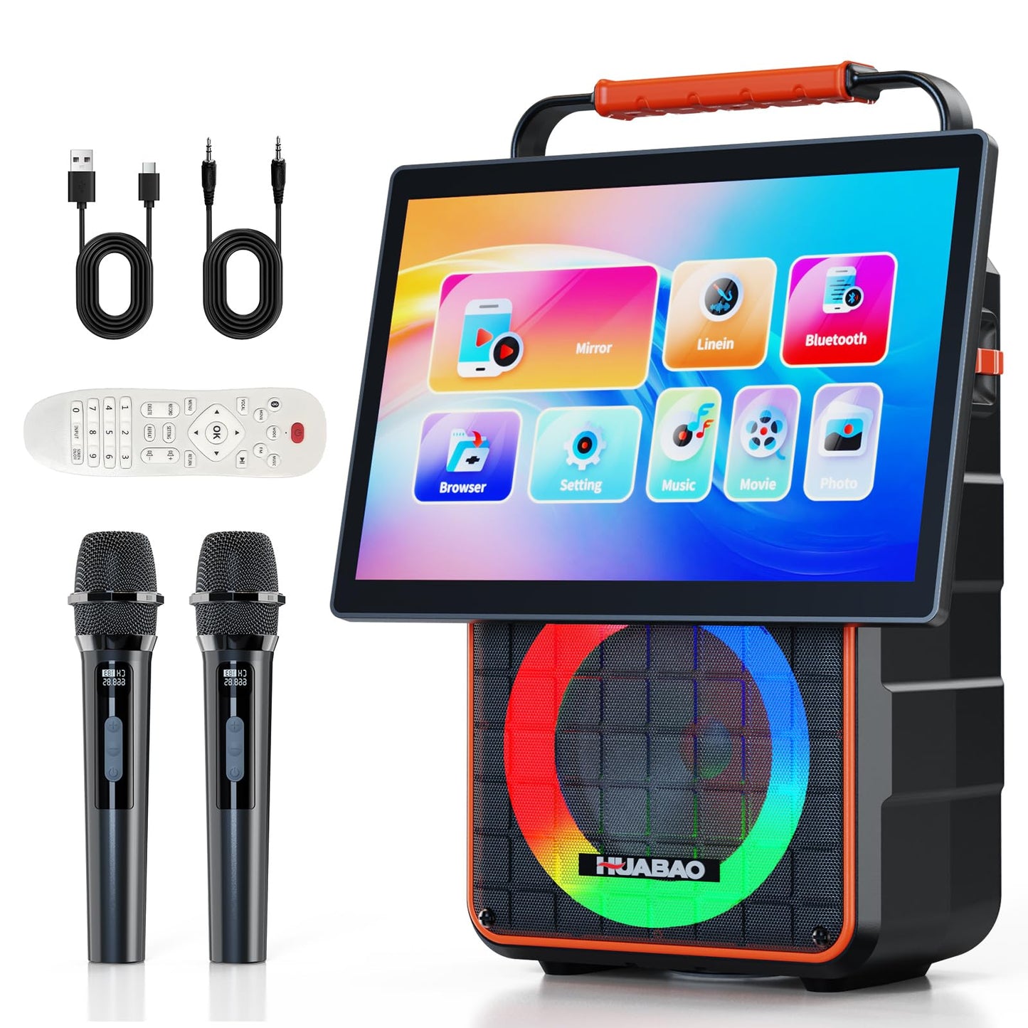 HUABAO Karaoke Machine with 14.1" HD Screen & Wireless Mirroring - Portable Bluetooth Speaker with 2 Wireless Mics, Dynamic Lyrics Display, Multi-Connection for Home Entertainment