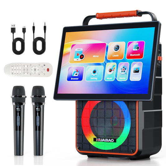 HUABAO Karaoke Machine with 14.1" HD Screen & Wireless Mirroring - Portable Bluetooth Speaker with 2 Wireless Mics, Dynamic Lyrics Display, Multi-Connection for Home Entertainment