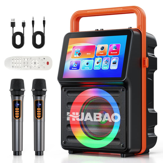 HUABAO 10.1" Built-in Screen Karaoke Machine - with Wireless Screen Mirroring, 2 Rechargeable Mics, Lyrics Display & Party Lights (5400mAh Battery)