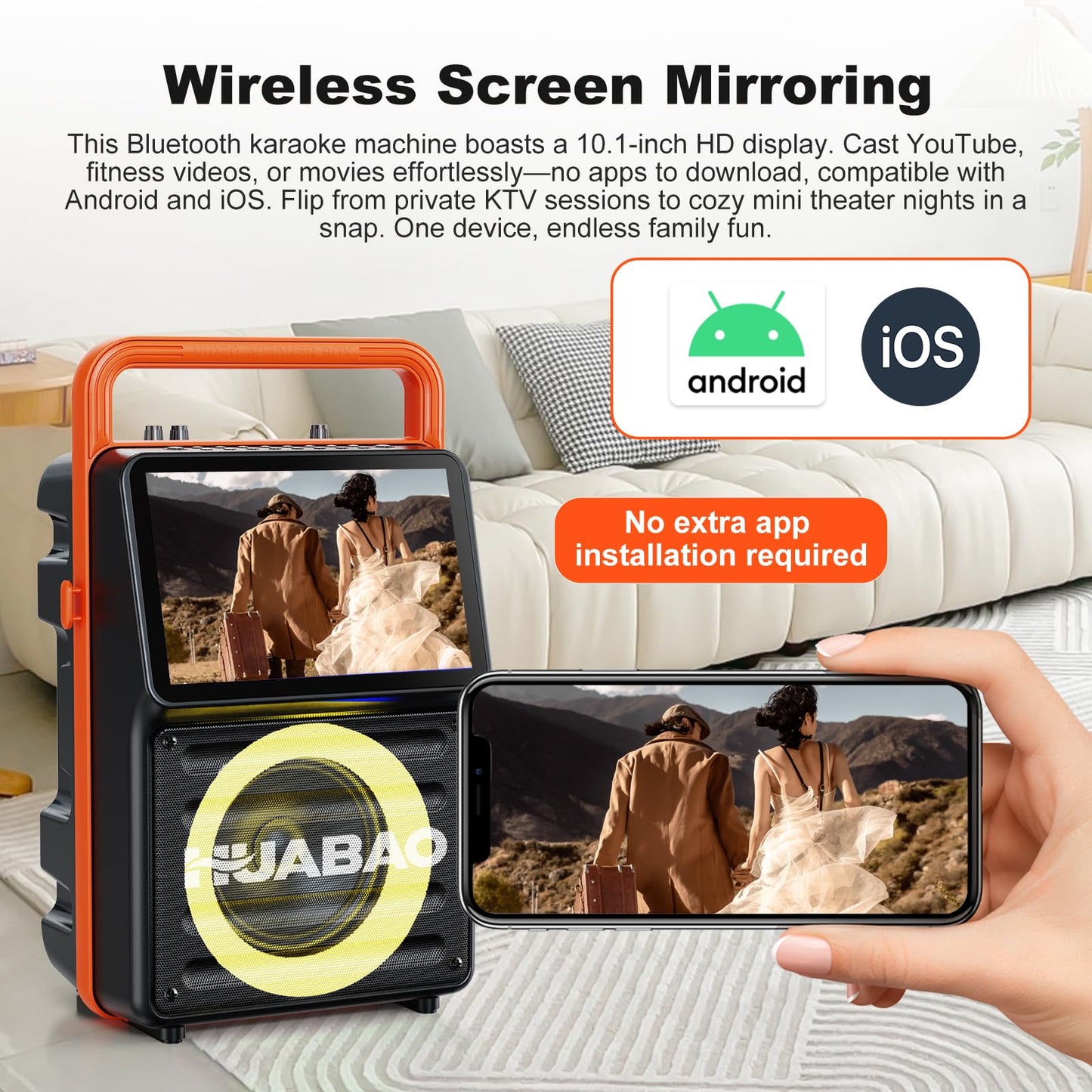HUABAO 10.1" Built-in Screen Karaoke Machine - with Wireless Screen Mirroring, 2 Rechargeable Mics, Lyrics Display & Party Lights (5400mAh Battery)