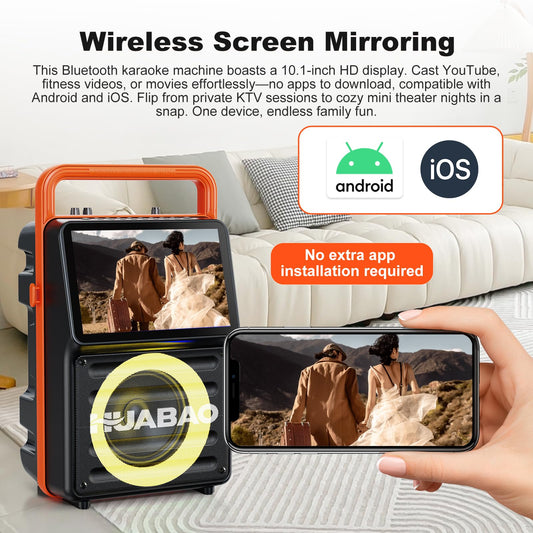 HUABAO 10.1" Built-in Screen Karaoke Machine - with Wireless Screen Mirroring, 2 Rechargeable Mics, Lyrics Display & Party Lights (5400mAh Battery)