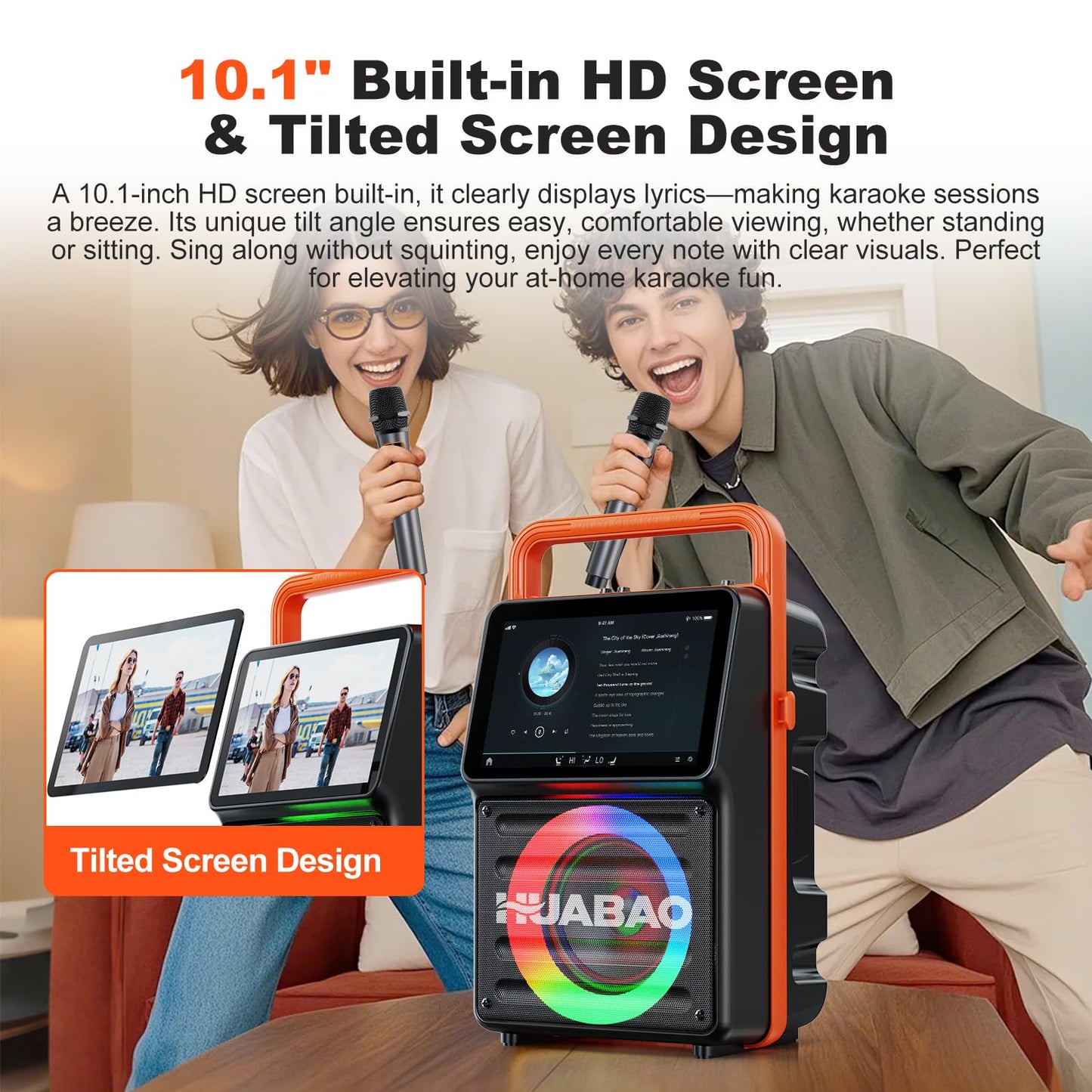 HUABAO 10.1" Built-in Screen Karaoke Machine - with Wireless Screen Mirroring, 2 Rechargeable Mics, Lyrics Display & Party Lights (5400mAh Battery)