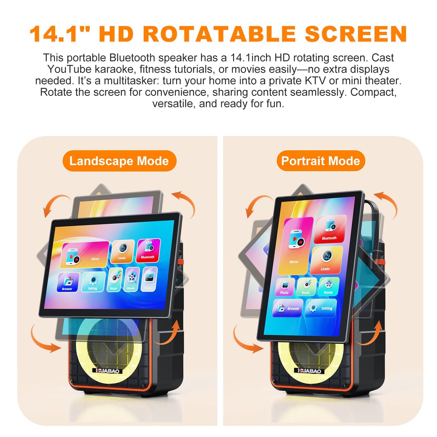 HUABAO Karaoke Machine with 14.1" HD Screen & Wireless Mirroring - Portable Bluetooth Speaker with 2 Wireless Mics, Dynamic Lyrics Display, Multi-Connection for Home Entertainment