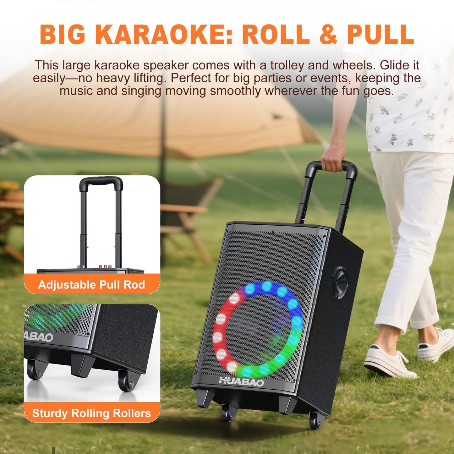 HUABAO Large Karaoke Speaker with 2 Wireless Mics - 8800mAh Portable PA System, 11-Speaker Sound with Lights, Remote, Bass/Treble Control for Outdoor Parties