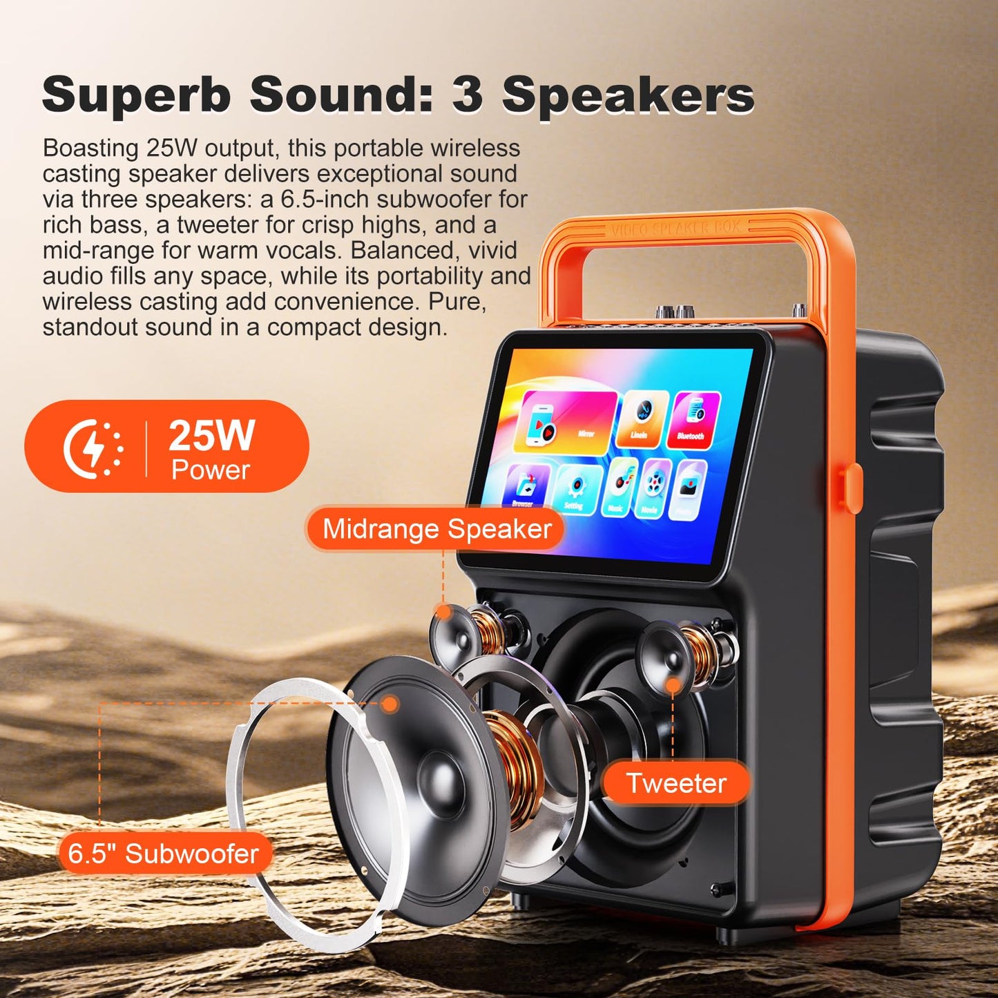 HUABAO 10.1" Built-in Screen Karaoke Machine - with Wireless Screen Mirroring, 2 Rechargeable Mics, Lyrics Display & Party Lights (5400mAh Battery)