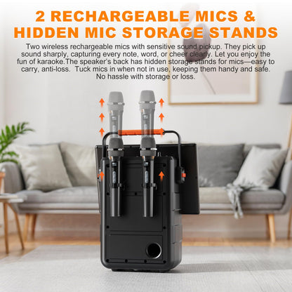 HUABAO Karaoke Machine with 14.1" HD Screen & Wireless Mirroring - Portable Bluetooth Speaker with 2 Wireless Mics, Dynamic Lyrics Display, Multi-Connection for Home Entertainment