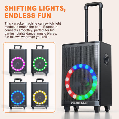 HUABAO Large Karaoke Speaker with 2 Wireless Mics - 8800mAh Portable PA System, 11-Speaker Sound with Lights, Remote, Bass/Treble Control for Outdoor Parties