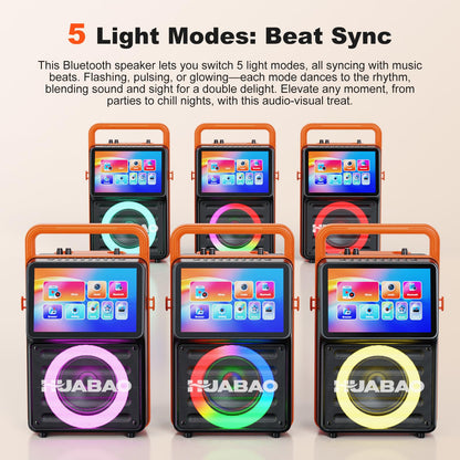 HUABAO 10.1" Built-in Screen Karaoke Machine - with Wireless Screen Mirroring, 2 Rechargeable Mics, Lyrics Display & Party Lights (5400mAh Battery)