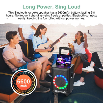 HUABAO Portable Karaoke Machine with 2 Wireless Mics - Bluetooth Speaker with Party Lights, 6600mAh Battery, Multi-Connection & Sound Controls for Home and Outdoor Events