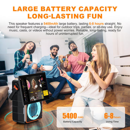 HUABAO Karaoke Machine with 14.1" HD Screen & Wireless Mirroring - Portable Bluetooth Speaker with 2 Wireless Mics, Dynamic Lyrics Display, Multi-Connection for Home Entertainment