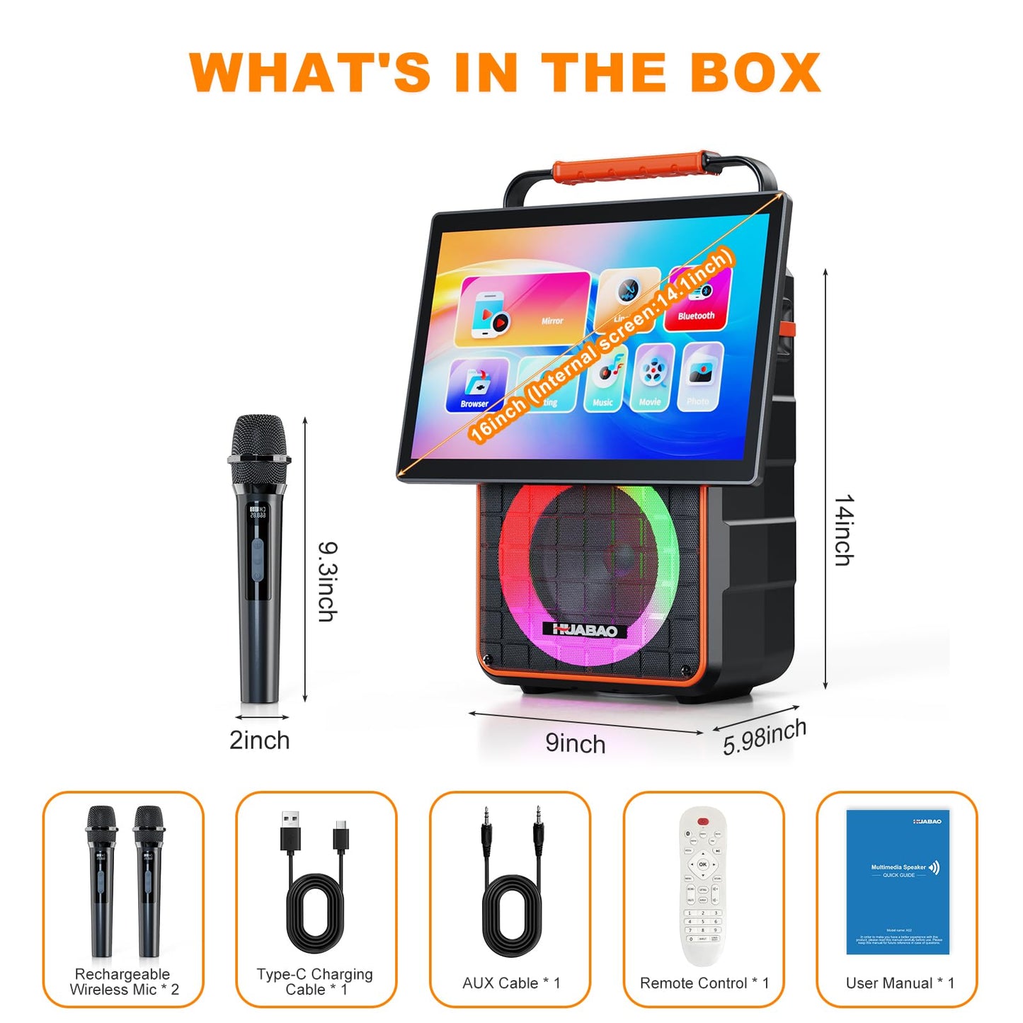 HUABAO Karaoke Machine with 14.1" HD Screen & Wireless Mirroring - Portable Bluetooth Speaker with 2 Wireless Mics, Dynamic Lyrics Display, Multi-Connection for Home Entertainment