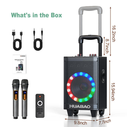 HUABAO Portable Karaoke Machine with 2 Wireless Mics - Bluetooth Speaker with Party Lights, 6600mAh Battery, Multi-Connection & Sound Controls for Home and Outdoor Events